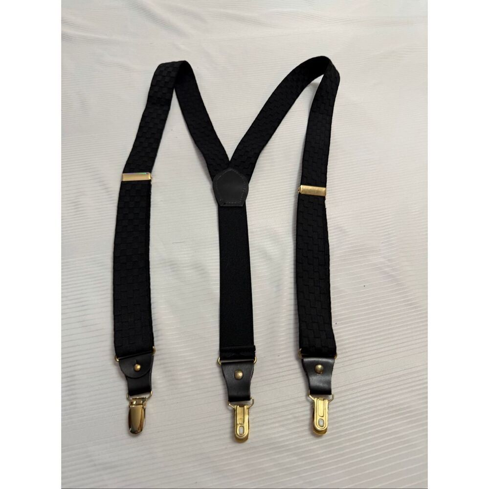 Pelican USA Vintage Men’s Black Y Suspenders Leather Trim Snap Braces Black Gold